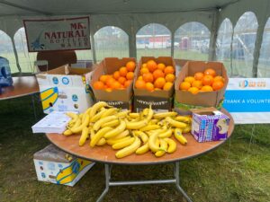 several boxes of oranges and bananas on a table